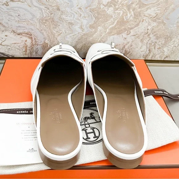 In Stores! New! Hermes Oz White Calfskin Leather Mule